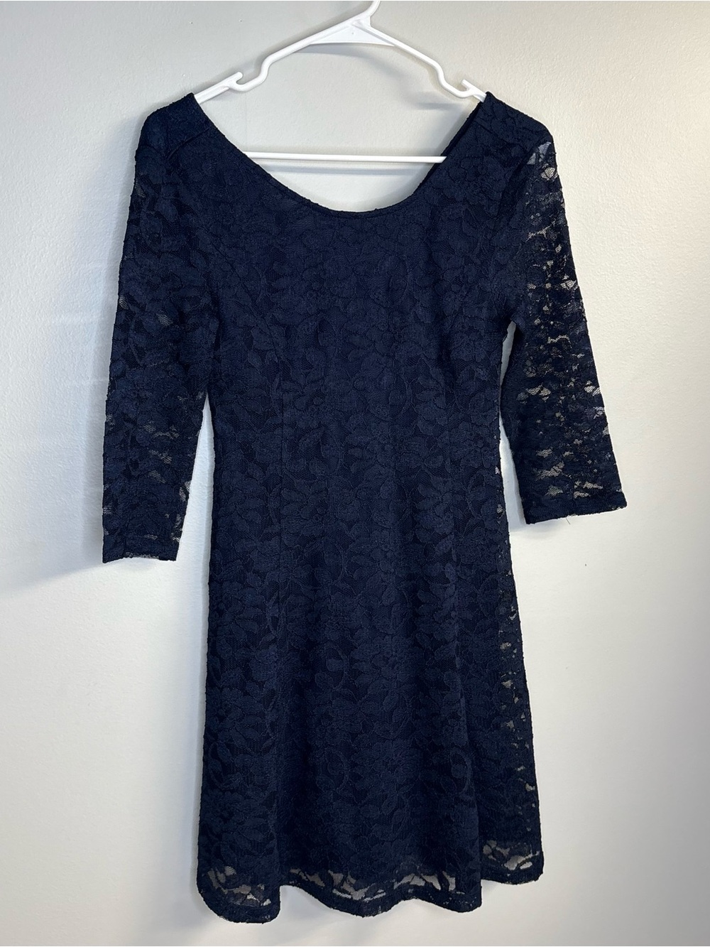 Lush Navy Lace Three-Quarter Sleeve Fit-and-Flare Dress
